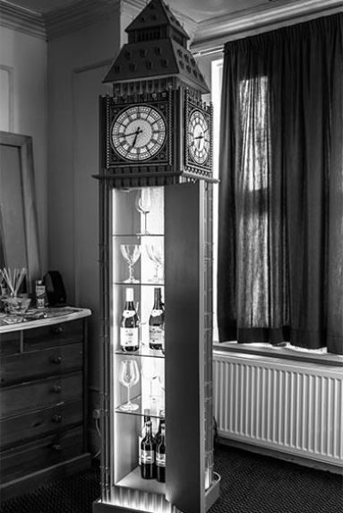 View of the Westminster Clock with the door open, B&amp;W photo