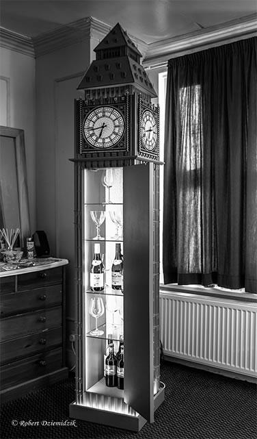 View of the Westminster Clock with the door open, B&W photo